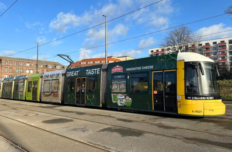 A tram in Cologne. The advertisement shows the Turkish cheese Muratbey.