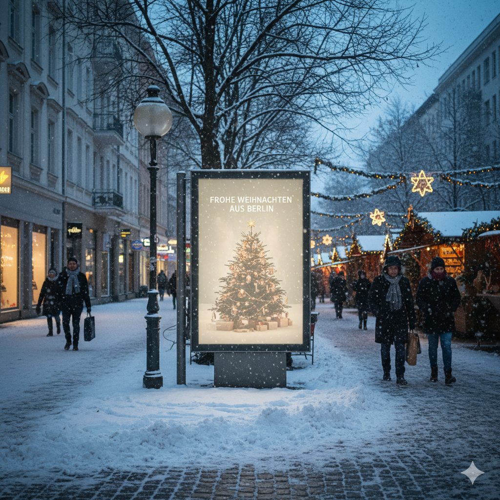 Out-of-home advertising at a snowy Christmas market, illuminated by glowing fairy lights (AI-generated)