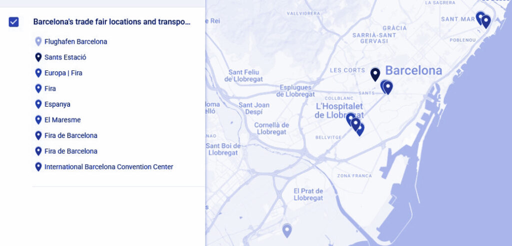 City map of Barcelona, with a total of 9 markers for the airport and the locations of the trade shows, congresses, and train stations.