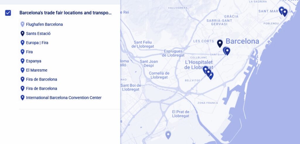 City map of Barcelona, with a total of 9 markers for the airport and the locations of the trade shows, congresses, and train stations.
