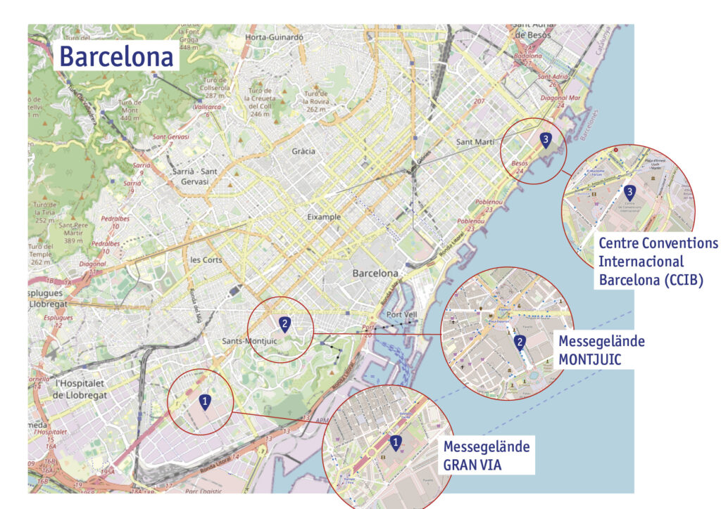 A city map of Barcelona with markers and an enlarged view of the surroundings of the three trade fair venues: Fira Gran Via, Montjuïc, CCIB (Centre de Convencions Internacional de Barcelona).