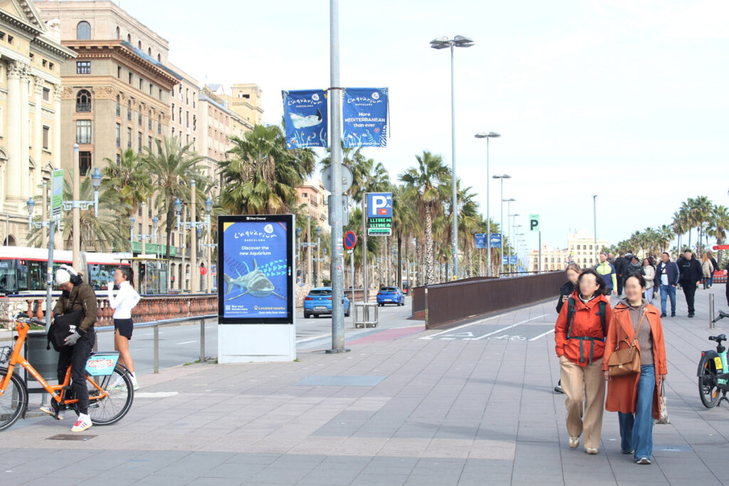 Between a street filled with buses and cars and a sidewalk with pedestrians and cyclists you can see an analog City Light Poster. It shows a blue poster advertising the Barcelona Aquarium, featuring a picture of a shark.