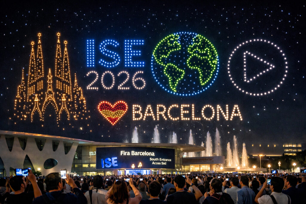 The south entrance to the Fira Barcelona Gran Via exhibition grounds at night. Countless people stand in front of the entrance, watching illuminated drones in the sky form various designs. The designs include the Sagrada Familia, the ISE trade show logo, and a globe.