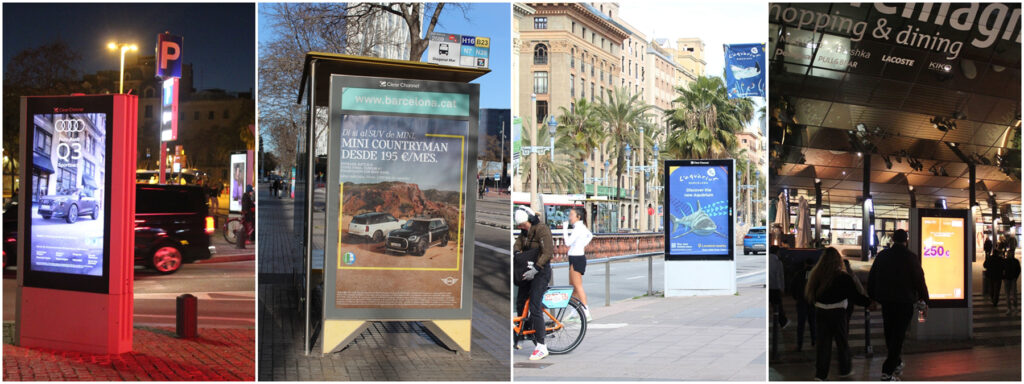 Four individual images combined into a collage. The images show analog and digital City Light Posters in portrait orientation, featuring different designs, in various locations throughout Barcelona, both during the day and at night.