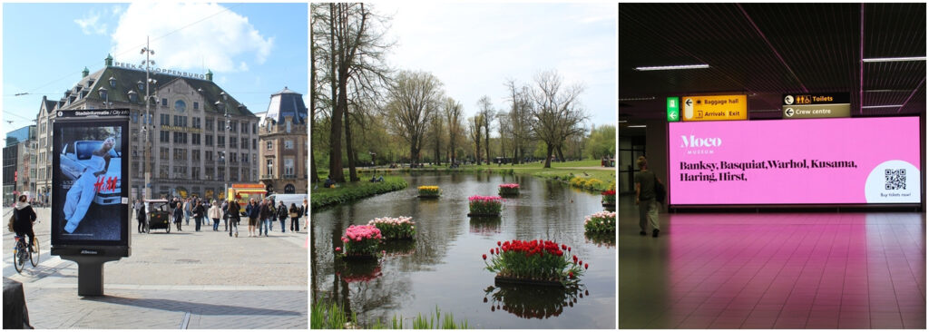 Three photos from Amsterdam: on the left, digital City Light Posters throughout the city, in the middle, tulips floating in a park pond, and on the right, a large digital advertising display at the airport.